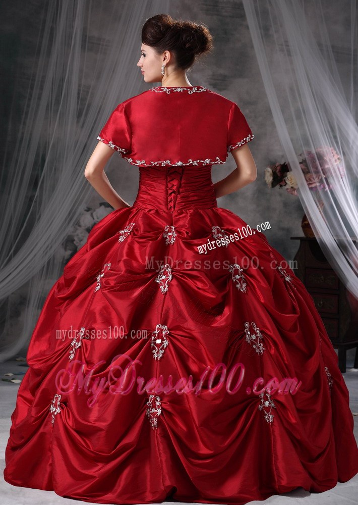 Red Ball Gown with Pick-ups and Appliques Dress for Sweet 15