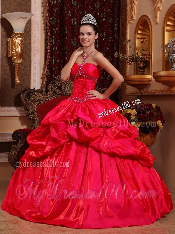 Red Ball Gown Strapless Beading Sweet sixteen dresses with Ruffles