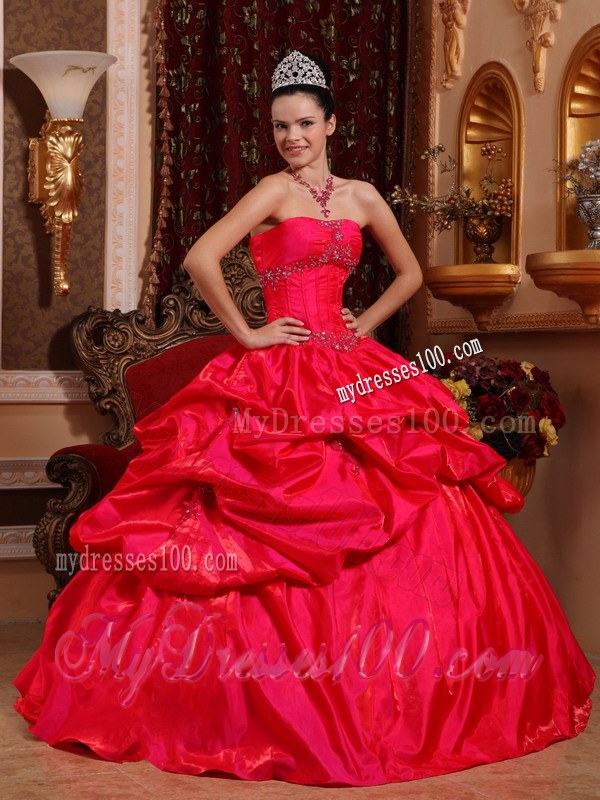 Red Ball Gown Strapless Beading Sweet sixteen dresses with Ruffles