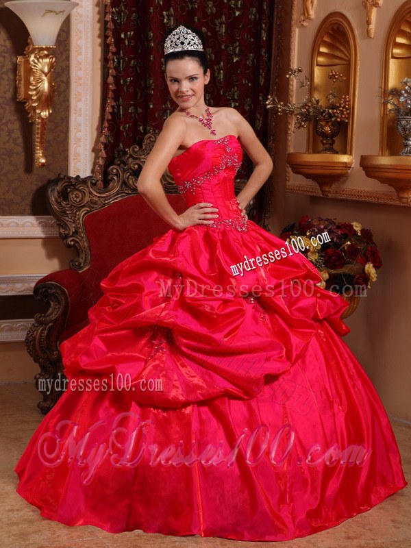 Red Ball Gown Strapless Beading Sweet sixteen dresses with Ruffles