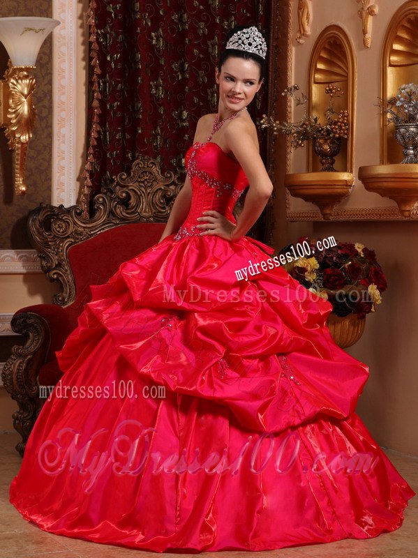 Red Ball Gown Strapless Beading Sweet sixteen dresses with Ruffles