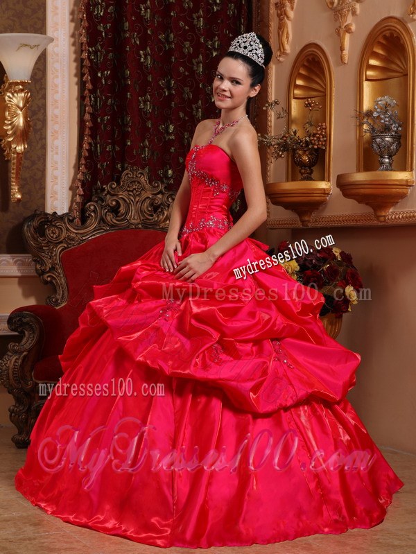 Red Ball Gown Strapless Beading Sweet sixteen dresses with Ruffles