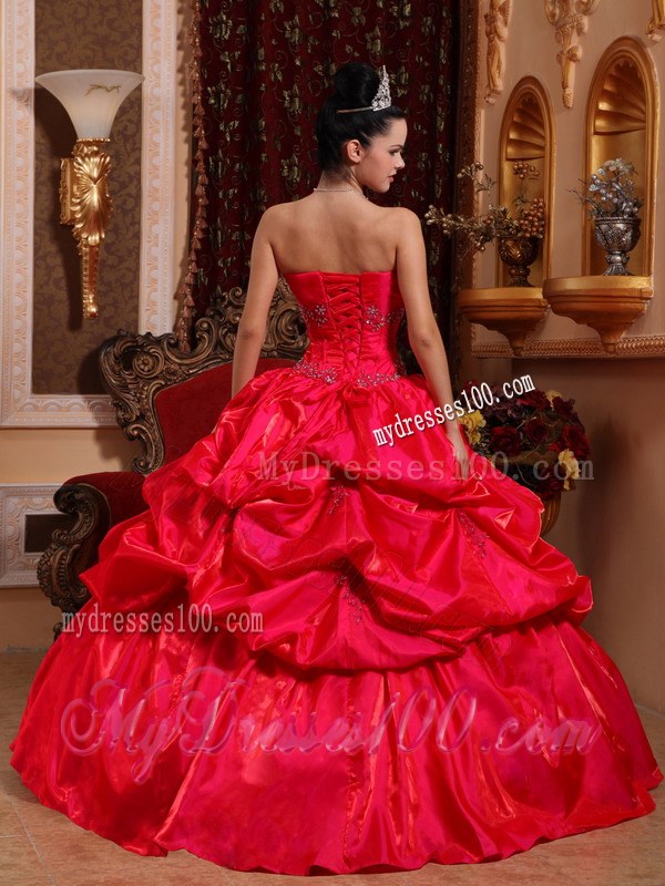 Red Ball Gown Strapless Beading Sweet sixteen dresses with Ruffles