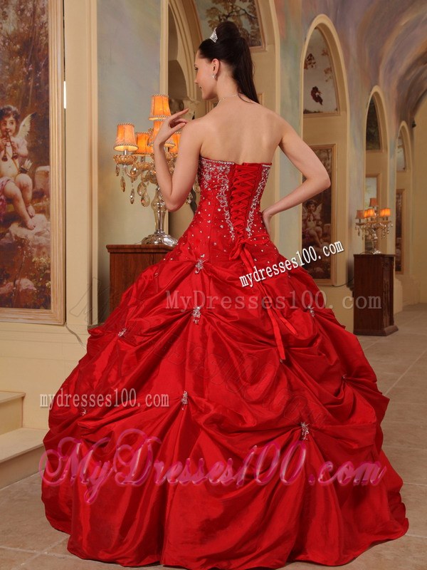 Red Strapless Beading and Embroidery Quinceanera Party Dress