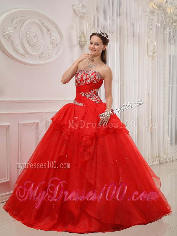 Layers Red Quinceanera Dresses Strapless Appliques Taffeta and Organza