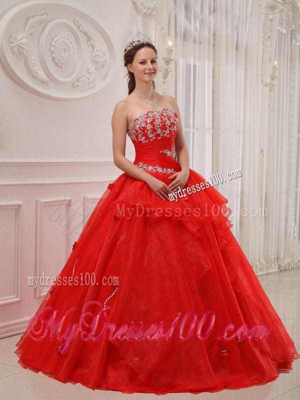 Layers Red Quinceanera Dresses Strapless Appliques Taffeta and Organza