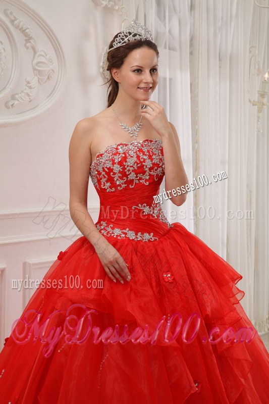 Layers Red Quinceanera Dresses Strapless Appliques Taffeta and Organza