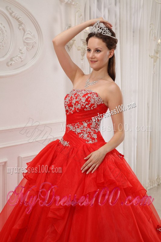 Layers Red Quinceanera Dresses Strapless Appliques Taffeta and Organza