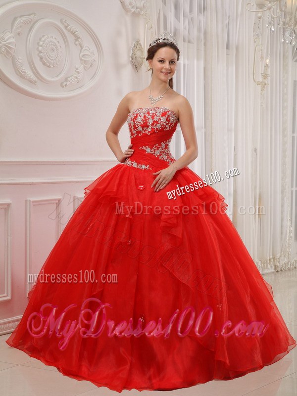 Layers Red Quinceanera Dresses Strapless Appliques Taffeta and Organza