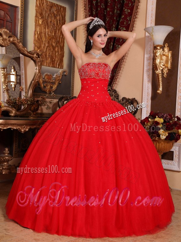 Red Ball Gown Strapless Floor-length Tulle Beading Dress for Quince