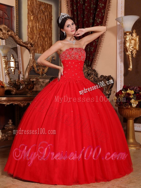 Red Ball Gown Strapless Floor-length Tulle Beading Dress for Quince