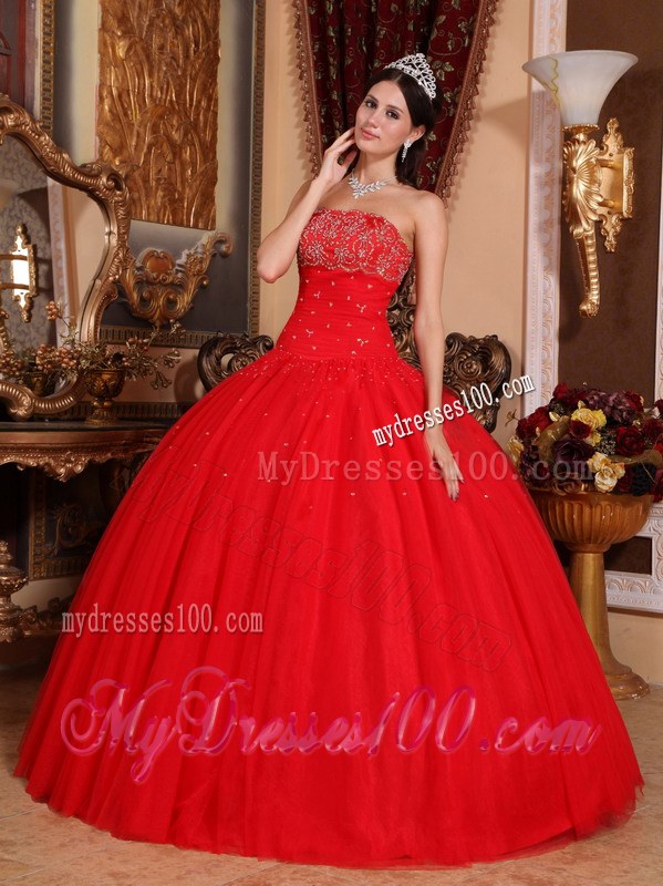 Red Ball Gown Strapless Floor-length Tulle Beading Dress for Quince