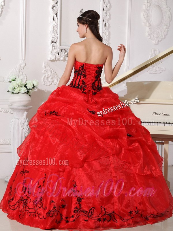 Layered Red and Black Sweet 16 Gowns Floor-length Organza Appliques