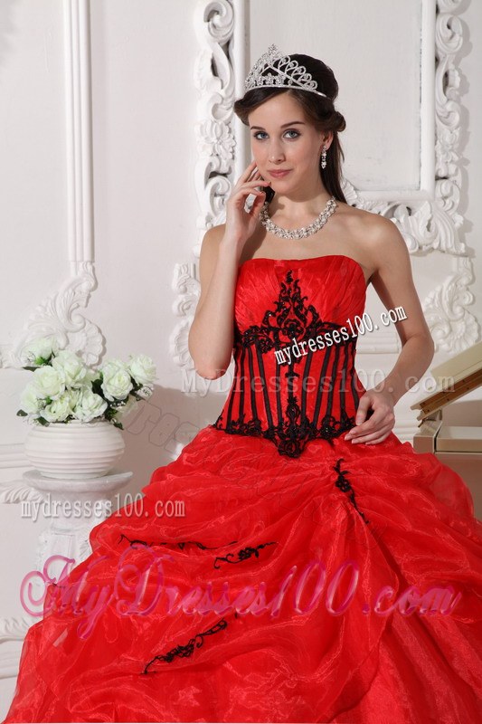 Layered Red and Black Sweet 16 Gowns Floor-length Organza Appliques