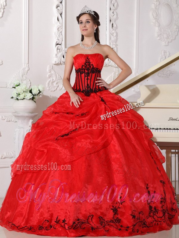 Layered Red and Black Sweet 16 Gowns Floor-length Organza Appliques