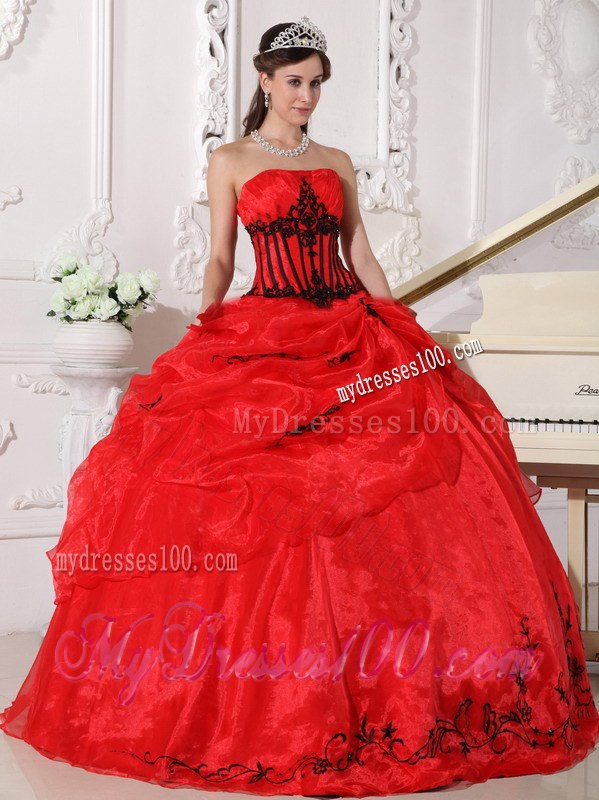 Layered Red and Black Sweet 16 Gowns Floor-length Organza Appliques