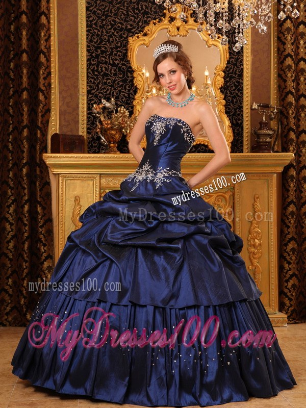Navy Ball Gown Strapless Floor-length Appliques Dress for Quince
