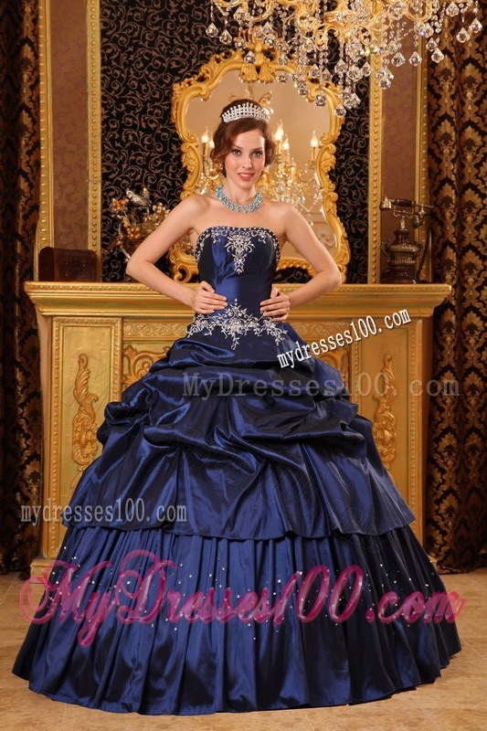 Navy Ball Gown Strapless Floor-length Appliques Dress for Quince