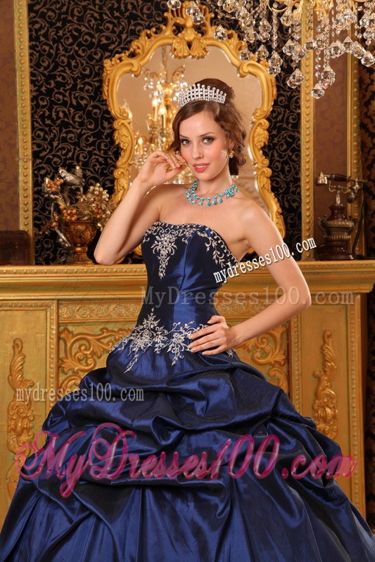 Navy Ball Gown Strapless Floor-length Appliques Dress for Quince