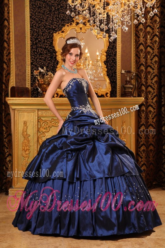Navy Ball Gown Strapless Floor-length Appliques Dress for Quince
