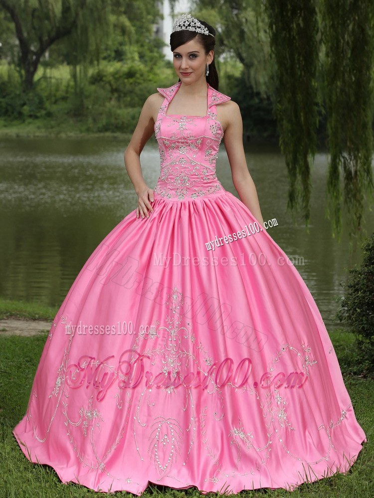 Pink Square Halter Neckline Ball Gown for Quinceanera Dresses