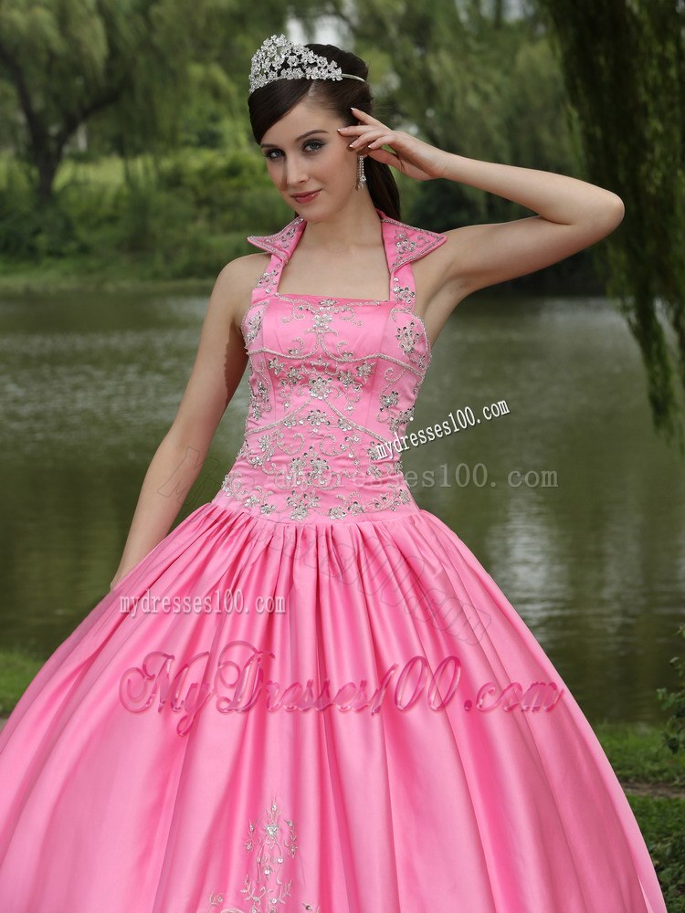 Pink Square Halter Neckline Ball Gown for Quinceanera Dresses