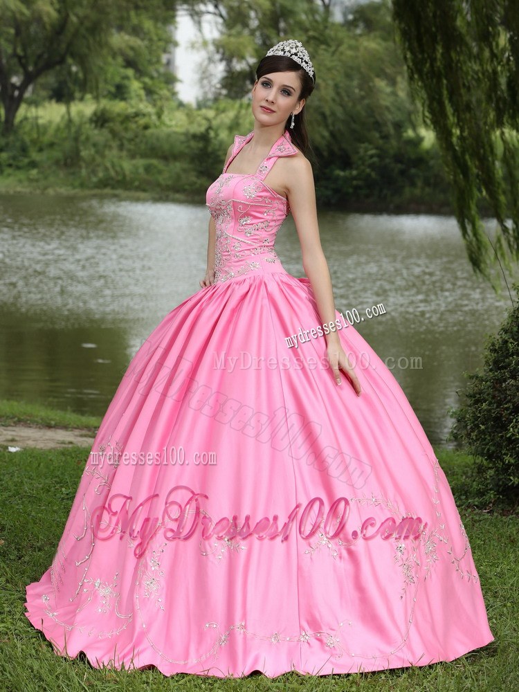 Pink Square Halter Neckline Ball Gown for Quinceanera Dresses