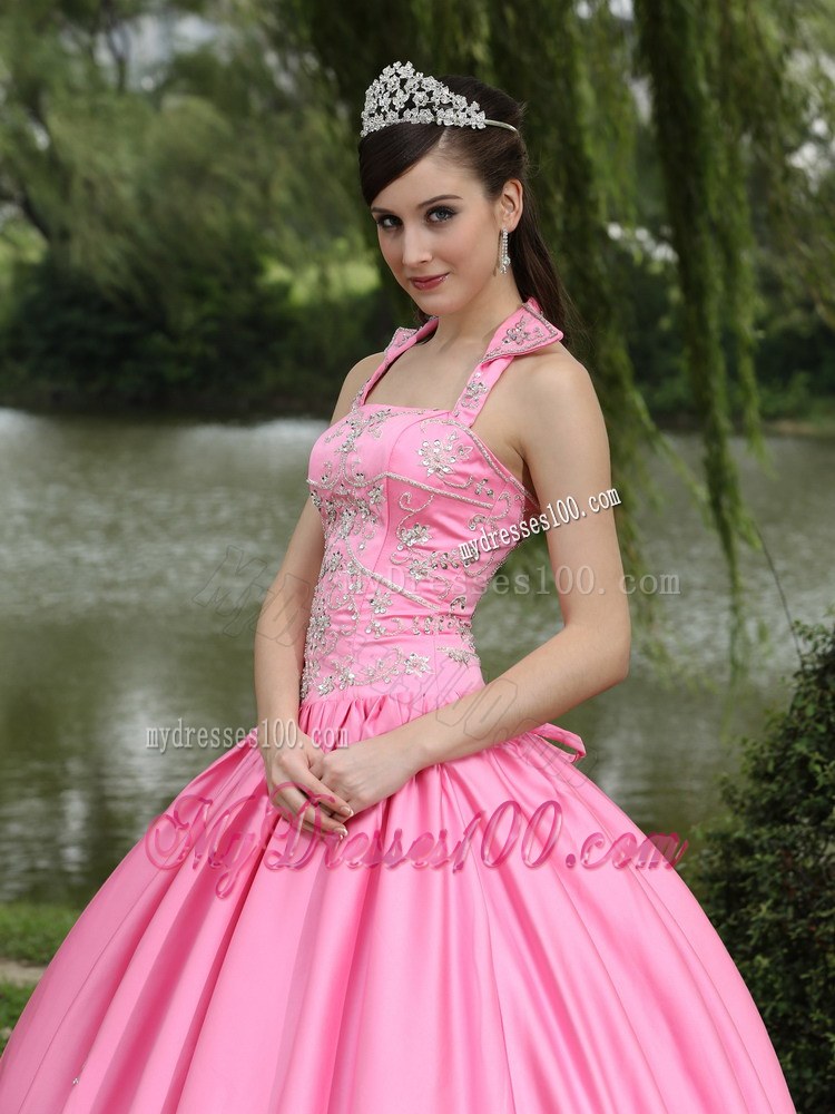 Pink Square Halter Neckline Ball Gown for Quinceanera Dresses
