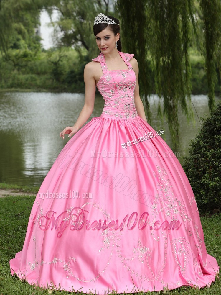 Pink Square Halter Neckline Ball Gown for Quinceanera Dresses