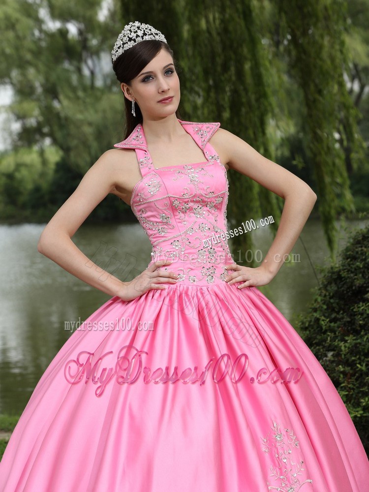 Pink Square Halter Neckline Ball Gown for Quinceanera Dresses