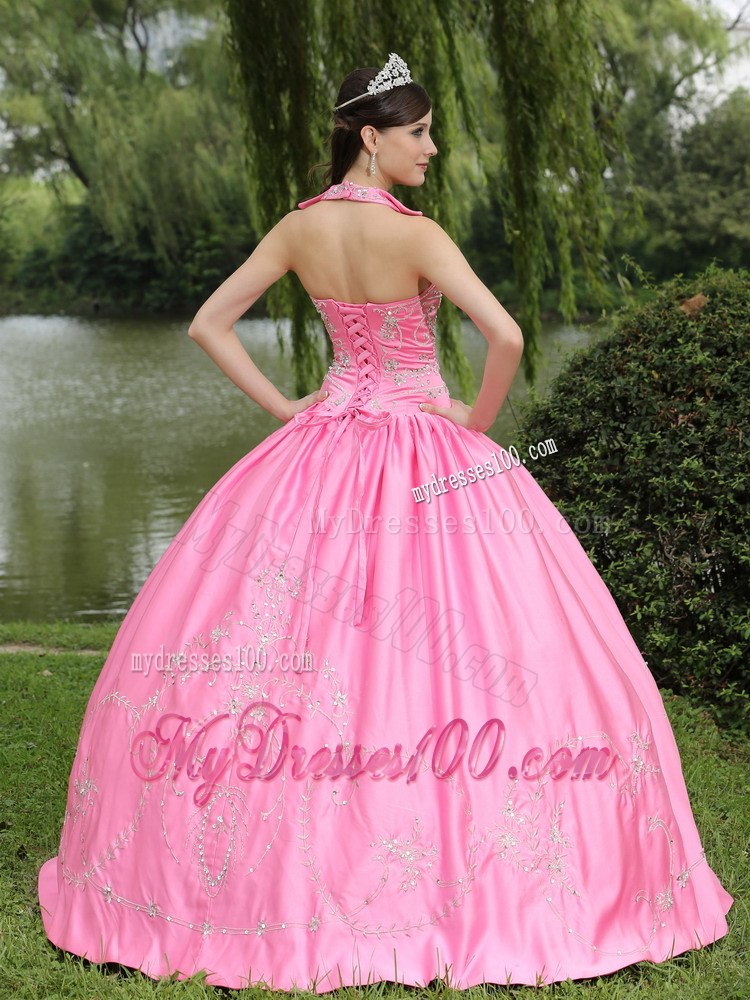 Pink Square Halter Neckline Ball Gown for Quinceanera Dresses
