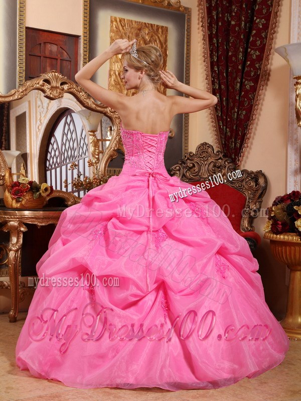 Rose Pink Ruffled Strapless Organza Appliques Quinceanera Dress