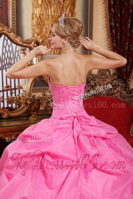 Rose Pink Ruffled Strapless Organza Appliques Quinceanera Dress