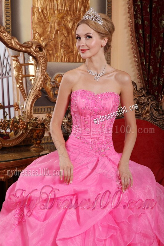 Rose Pink Ruffled Strapless Organza Appliques Quinceanera Dress