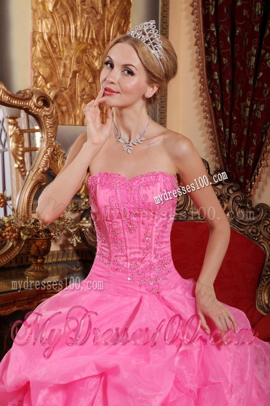 Rose Pink Ruffled Strapless Organza Appliques Quinceanera Dress