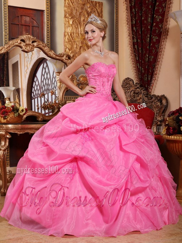 Rose Pink Ruffled Strapless Organza Appliques Quinceanera Dress