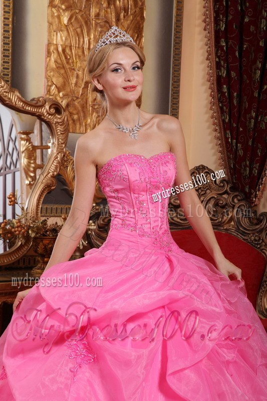 Rose Pink Ruffled Strapless Organza Appliques Quinceanera Dress