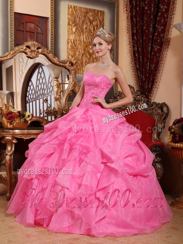 Rose Pink Ruffled Strapless Organza Appliques Quinceanera Dress