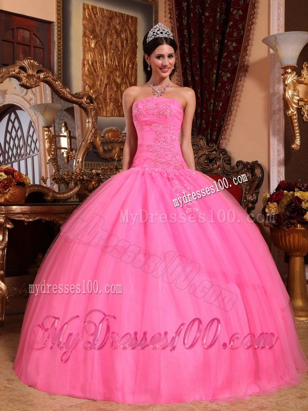 Rose Pink Ball Gown Strapless Floor-length Tulle Appliques with 