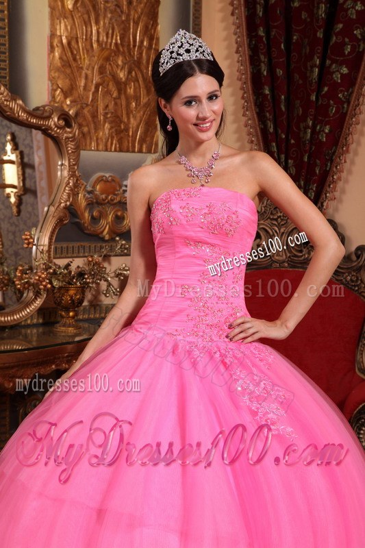 Rose Pink Ball Gown Strapless Floor-length Tulle Appliques with 