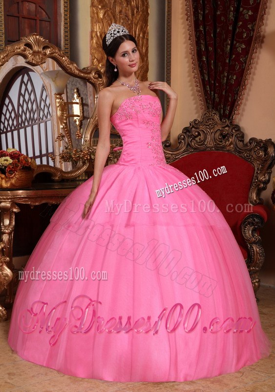 Rose Pink Ball Gown Strapless Floor-length Tulle Appliques with 