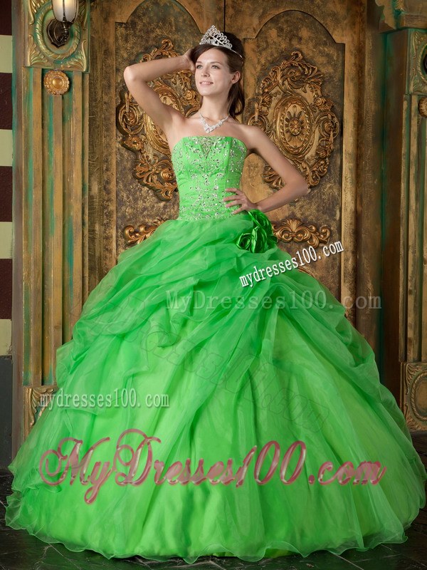 Spring Green Ball Gown Strapless Beading Ruching Dress for Sweet 16