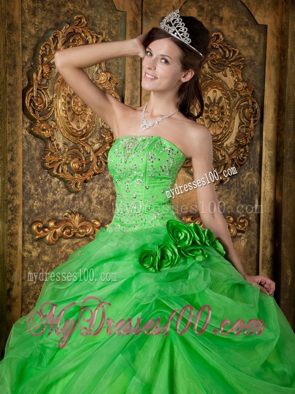 Spring Green Ball Gown Strapless Beading Ruching Dress for Sweet 16