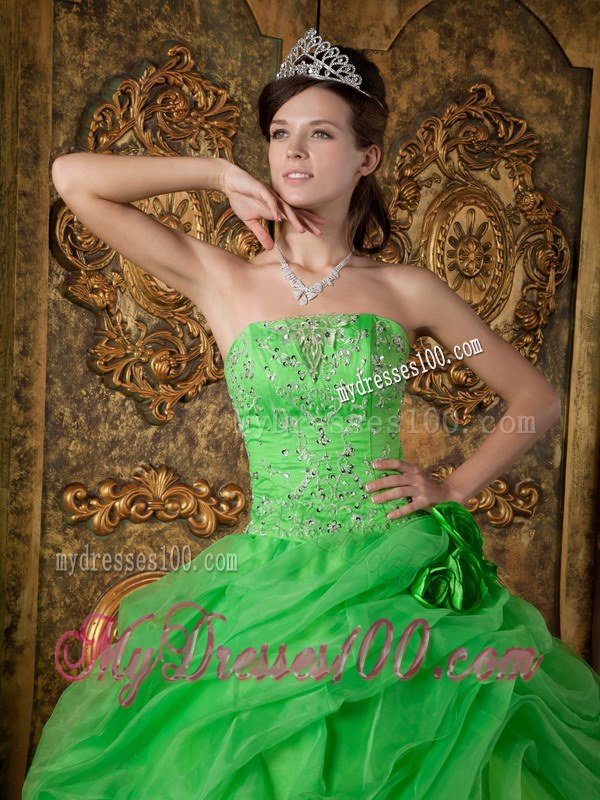 Spring Green Ball Gown Strapless Beading Ruching Dress for Sweet 16