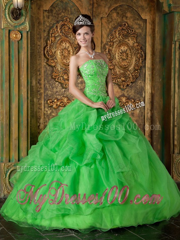 Spring Green Ball Gown Strapless Beading Ruching Dress for Sweet 16