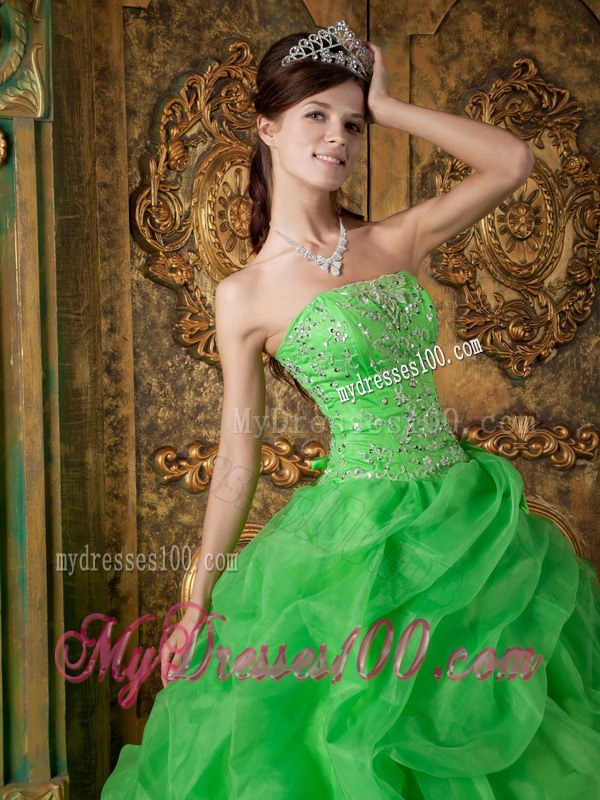 Spring Green Ball Gown Strapless Beading Ruching Dress for Sweet 16
