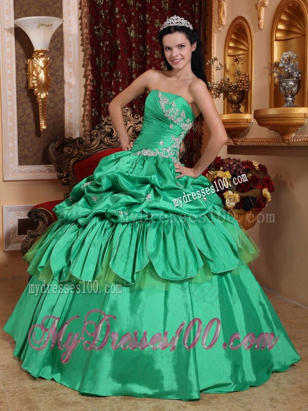 Pick-ups Spring Green Sweet 16 Ball Gown Strapless Taffeta Appliques