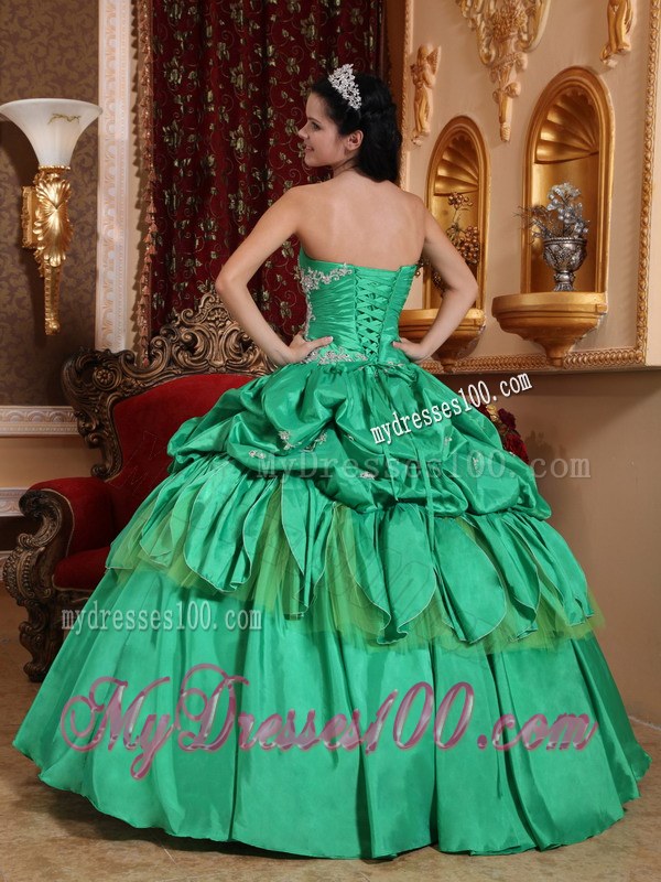 Pick-ups Spring Green Sweet 16 Ball Gown Strapless Taffeta Appliques