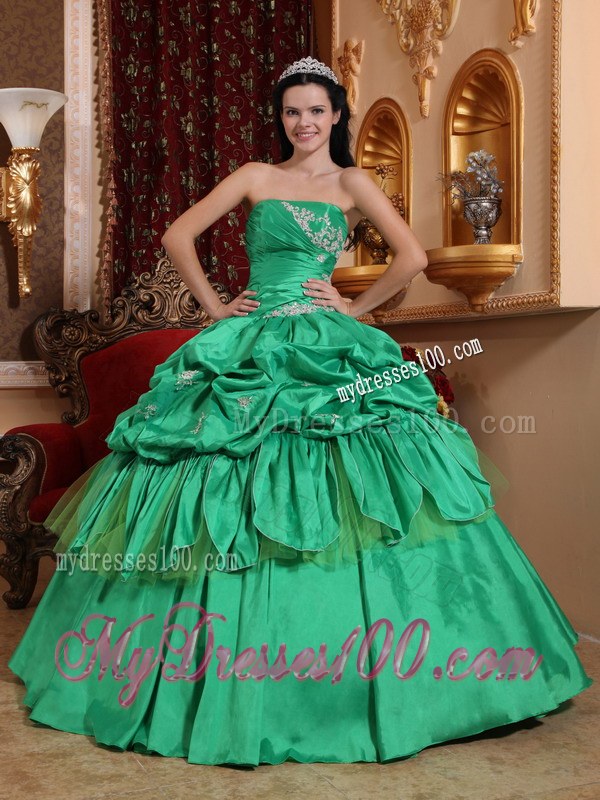 Pick-ups Spring Green Sweet 16 Ball Gown Strapless Taffeta Appliques