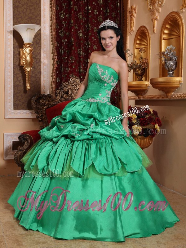 Pick-ups Spring Green Sweet 16 Ball Gown Strapless Taffeta Appliques